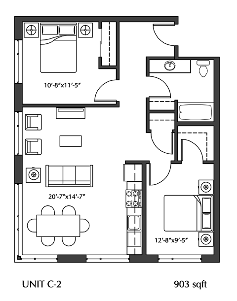 Floor plan for 2 beds, 1 bath, 917 sqft